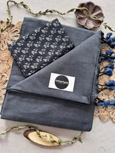 Dark Grey Handloom Cotton Saree With Black Print Blouse